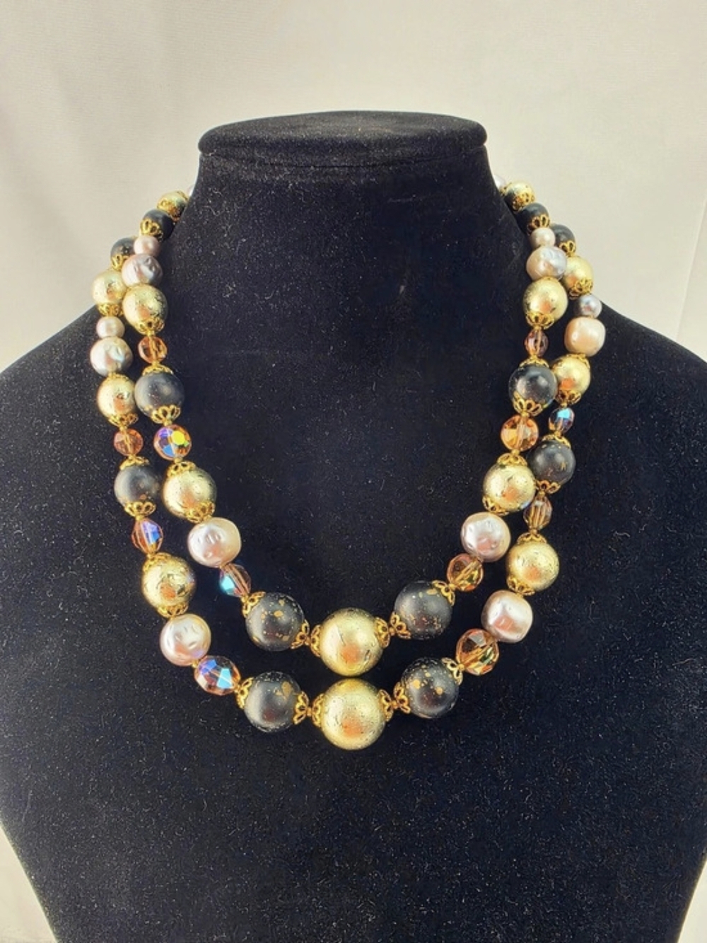 ChunkyVintage Plastic Bead Statement Necklace Gold Silver Taupe Black 20" Adj